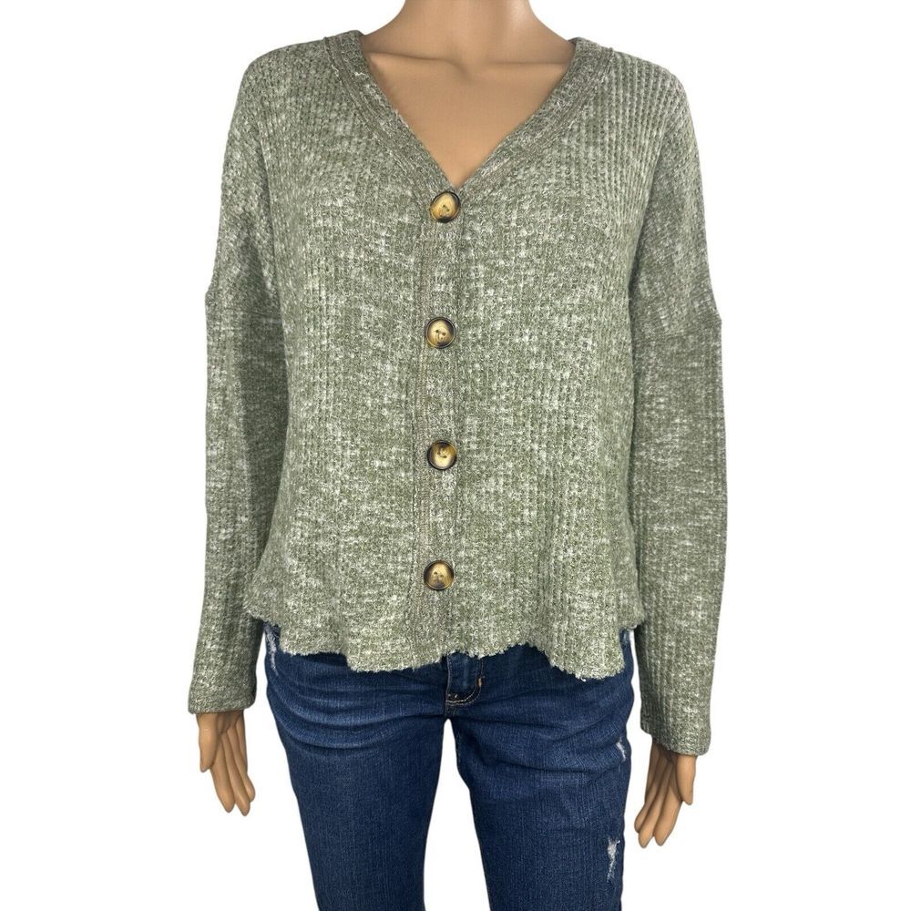 Anthropologie Eri + Ali Womens Sweater Medium V-Neck Button Waffle Knit Cardigan